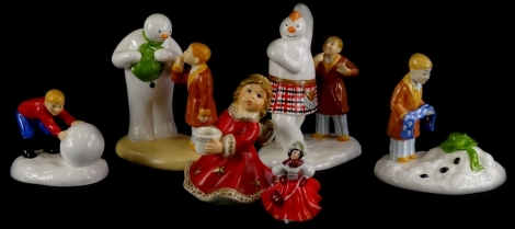 A collection of ceramic figures, to include three Coalport character snowman figures, a Goebel figure of an angel and a miniature Royal Doulton Christmas skater (6).