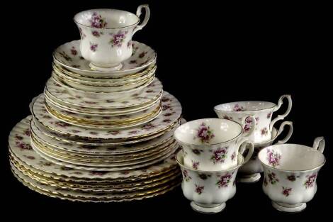 A Royal Albert Sweet Violet pattern part tea service, to include six cups and five saucers, etc.