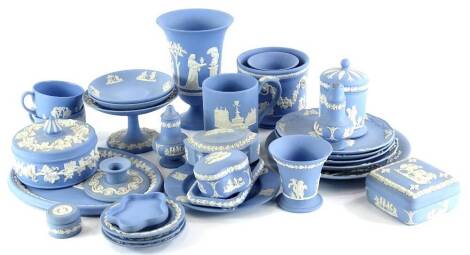 A large quantity of Wedgwood blue Jasperware, to include vase, Christmas 1971 tankard, dressing table tray, calendar plates, small jardiniere, boxes and covers, etc.