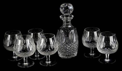A Waterford crystal spirit decanter and stopper, and six Waterford crystal glasses, both boxed.