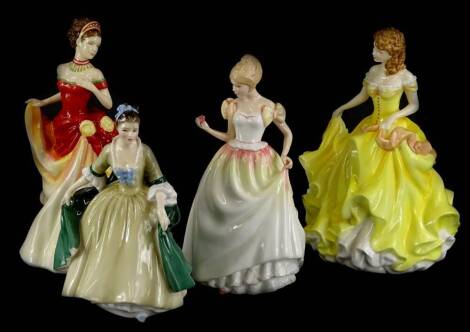 A collection of four porcelain figurines, Royal Doulton Summer, Elegance, Gift of Love and Autumn ball.