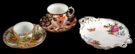 A collection of ceramics, to include a Royal Crown Derby Imari pattern small cup and saucer, a Derby Days pattern two handled dish and a Dresden dish decorated with figures etc. (3).