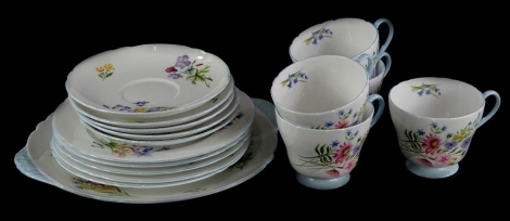 A Shelley Wild Flowers pattern part tea service, pattern number F3668, to include five cups, five saucers, five plates and a cake plate.