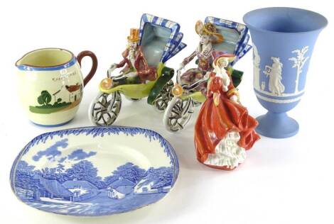 A collection of pottery etc., to include two Italian novelty figures of gentleman and lady riding three wheeled bicycles, a Doulton figurine Top O The Hill, Wedgwood vase, etc.