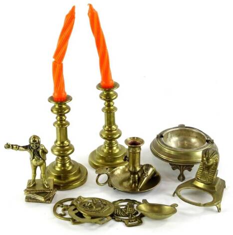 A collection of metalware, to include brass candlesticks, horse brasses, sphinx, inkstand, etc.