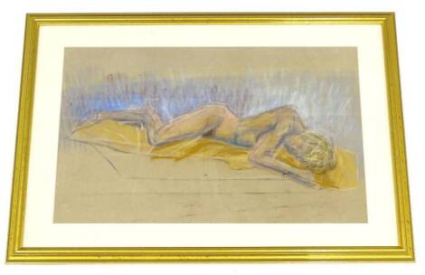 20thC British School. Reclining nude, pastel, indistinct monogram, 32cm x 51cm.