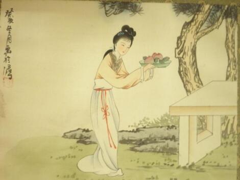 A pair of oriental framed pictures on silk "Indy in Garden"