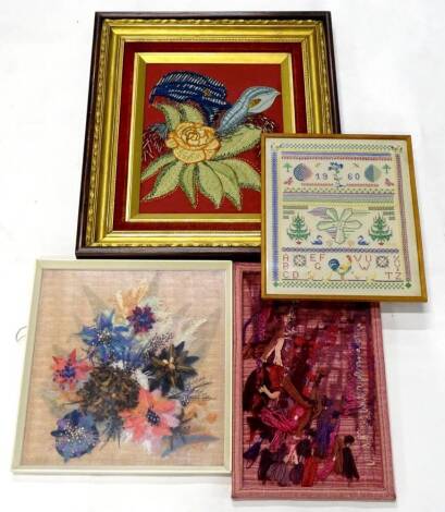 A raised woolwork floral picture. In elaborate simulated rosewood and gilt frame 30cm x 66cm, a sampler dated 1960, a 1960's style fabric still-life embellished with costume beads etc., and a woven wool picture (4).