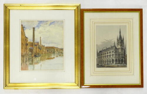 M.A.M. Gainsborough, river landscape, watercolour, 26cm x 22cm and a print of The New Exchange Bradford (2).