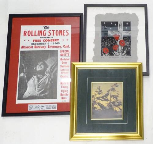 A presentation reproduction Rolling Stones poster, titled Gimme Shelter, relating to a concert in Livermore, California 1969, a print of trees and an artist signed etching after Walt Nygard titled New Century, artist proof No. 1/4, 36cm x 30cm.