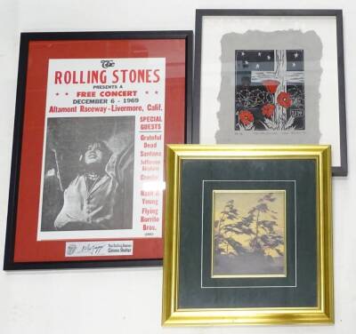 A presentation reproduction Rolling Stones poster, titled Gimme Shelter, relating to a concert in Livermore, California 1969, a print of trees and an artist signed etching after Walt Nygard titled New Century, artist proof No. 1/4, 36cm x 30cm.