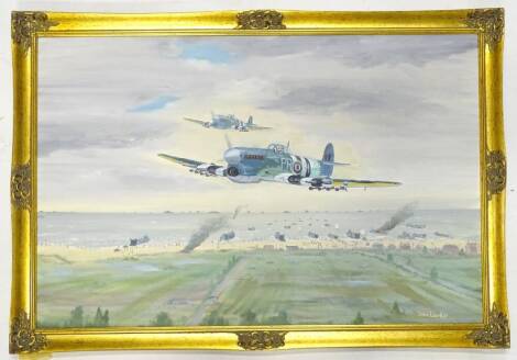 John Larder. Spitfire scene action over beach, battlefield, oil on board, 49cm x 74cm.