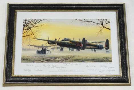 Philip E West. Lancasters Are At The Ready, artist signed limited edition proof, also signed by various Lancaster aviators to include Frank Tilly, Rusty Waughman, Johnny Johnson, etc., 45cm x 69cm.