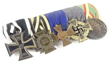 A group of five First World War German medals, the 1914 Iron Cross, the 1914-18 Campaign medal, the Cross with Crown medal, the Hungarian Bravery medal, etc.