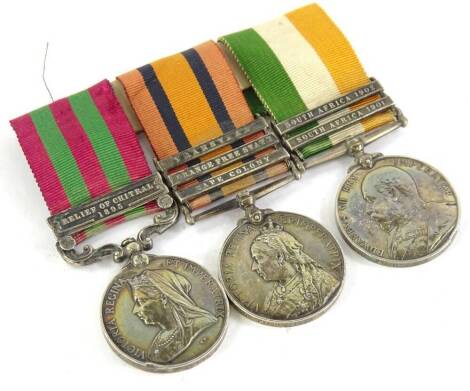 A group of three South Africa medals, awarded to a 3120 Private M. Blest of the East Lancashire Regiment, along with the Victoria South Africa medal with bar for the Relief of Chitral 1895, the Victoria South Africa medal with bars for Transvaal, Orange F