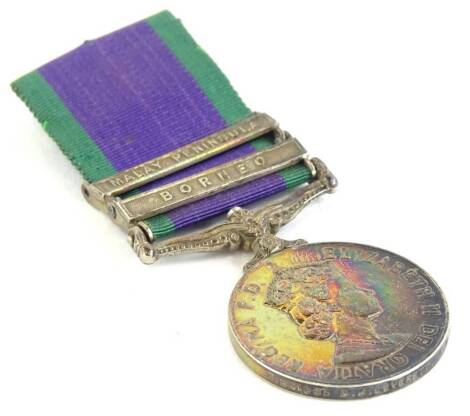 An Elizabeth II Campaign Service medal with bars for the Malay Peninsular and Borneo awarded to a K.931035D.J.Leverett L.M.(E).R.N.