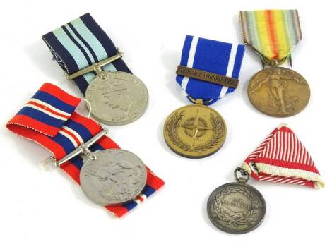 A collection of medals to include a First World War Inter-allied Victory medal, with inscription in French, the 1939 -45 India Campaign medal, a Second World War Campaign medal, NATO medal with bar for former Yugoslavia and an Austrian Bravery in Combat m