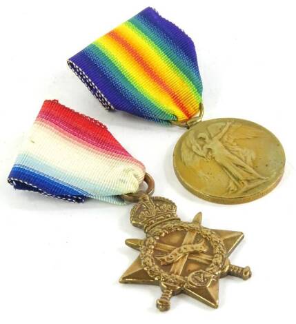 Two Second World War medals, awarded to J.17908 LT Saunders, B.R.N., the 1914-15 Star and the Victory medal.