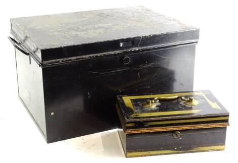 A black painted Deed box, and a small black and gilt cash tin.