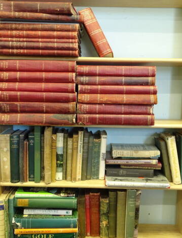 Six bound volumes of Golf Illustrated magazines, dating from the late 19thC-early 20thC, The Great War by Wilson H.W. and various other books many relating to Golf (4 shelves).