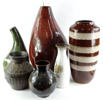 A West German Fat Lava type brown and cream striped vase, 45cm high and other similar large glazed vases.