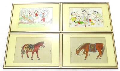 20thC Oriental School. Children playing, watercolour (2) and two oriental pictures of horses (4).