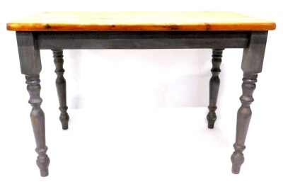 A pine kitchen table, with a rectangular top on a grey painted base with turned legs 72cm high, top 66cm x 107cm.