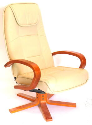 A modern swivel open armchair, with cream leather padded back and seat, bentwood arms on splayed support.