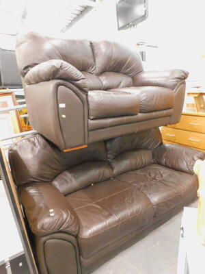 A modern brown leather three seater sofa, and a matching two seater (2)