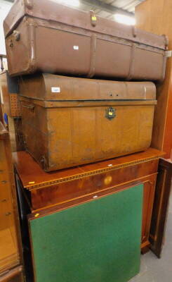 A yew two door side cabinet, a felt topped games table, a metal trunk and another (4).