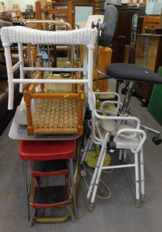 Sundry furniture, to include a two tier hostess trolley, Lloyd Loom style stool, various mobility aids, office chair, standard lamp, etc. (a quantity).