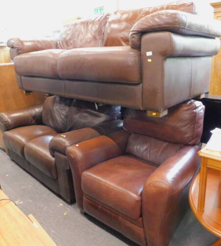 A modern brown three seater leather sofa, matching two seater and a similar armchair (3).