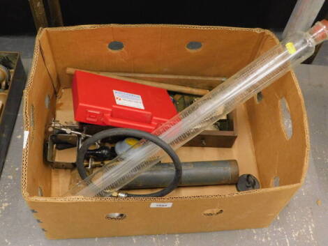 Various pressure gauges, volt meters, a boxed marking wedge gauge, etc. (1 box).