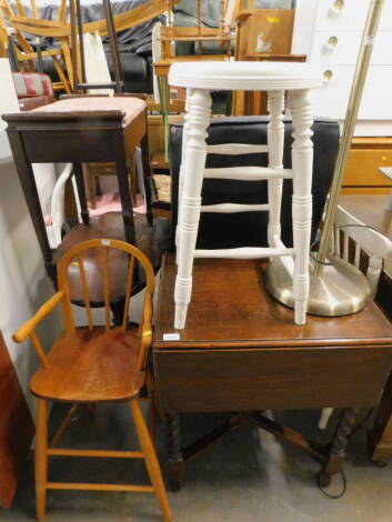 Sundry furniture, to include an oak drop leaf table, child's highchair, office chair, piano stool, etc. (a quantity)