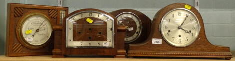 Various mantel clocks, to include an oak cased Napoleon hat mantel clock, barometer, etc. (4)