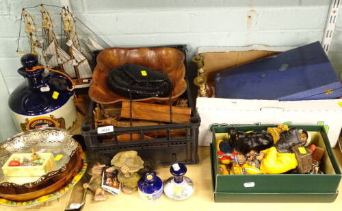 Bygones, collectables, etc., to include treen bowls, models of ships, a British Navy Pussers Rum flagon, various fishermen figures, etc. (a quantity)