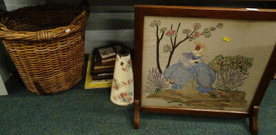 An oak framed embroidered fire screen, enamel jug, pictures, prints, etc. (a quantity)