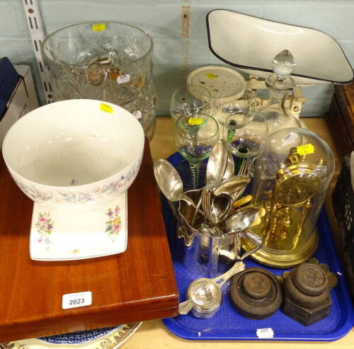 Various meat plates, wine glasses, loose flatware, scales, cut glass bowls, etc. (a quantity)