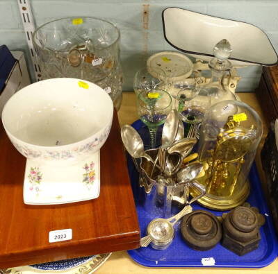 Various meat plates, wine glasses, loose flatware, scales, cut glass bowls, etc. (a quantity)