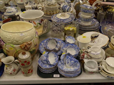 A Blairs china part tea service, Artex carriage clock, part dinner wares, bisque figures, etc. (1 tray and loose)