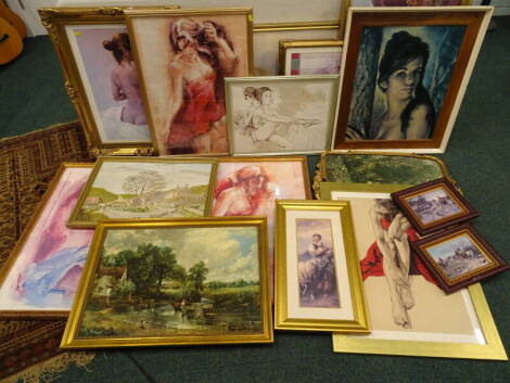 Various pictures, prints, to include woodland landscape, figures of women, etc. (a quantity)