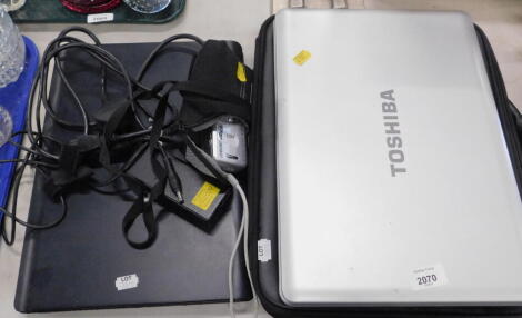 A Toshiba Satellite Pro laptop, and another, a Sony Cybershot camera, laptop case etc. (a quantity).