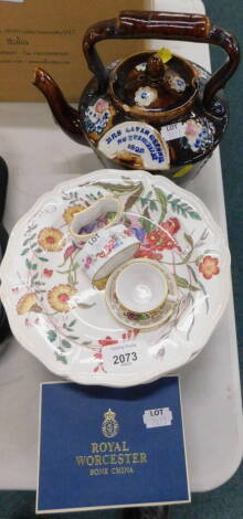 A treacle glaze teapot, green Wedgewood Jasperware bowl, (AF), two Royal Crown Derby napkin rings, etc. (a quantity).