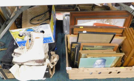 Various pictures, prints, ladies handbags, ice skates etc. (contents under one table).