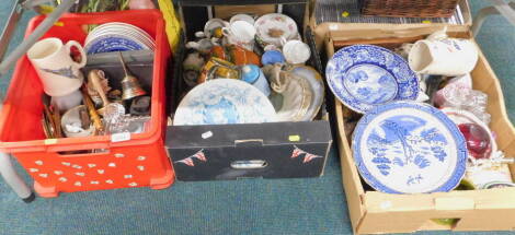 Decorative china and effects, to include blue and white willow pattern dinner plates, part teawares, glassware, CD's etc. (contents under one table).