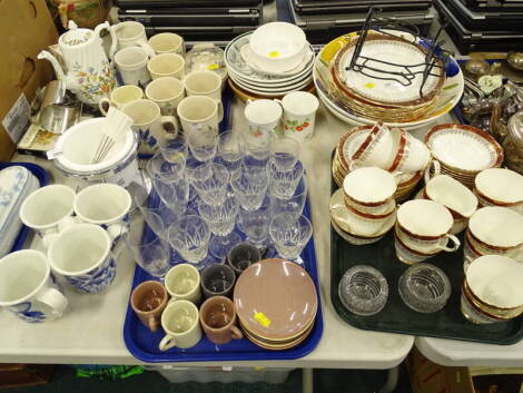 Part tea wares, drinking glasses, Aynsley Cottage Garden coffee pot, Wedgwood Peter Rabbit mug, etc., (a quantity).