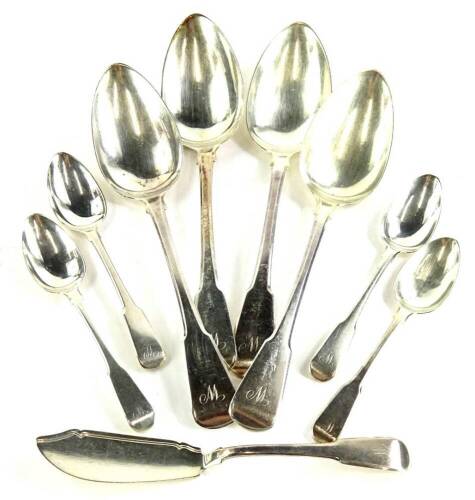 A collection of various 19thC George III silver spoons, to include four fiddle pattern tablespoons and five fiddle pattern teaspoons, each engraved with initial W, London 1817, by Richard Turner, 11¾oz.