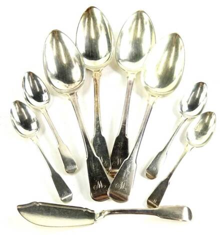A collection of various 19thC George III silver spoons, to include four fiddle pattern tablespoons and five fiddle pattern teaspoons, each engraved with initial W, London 1817, by Richard Turner, 11¾oz.