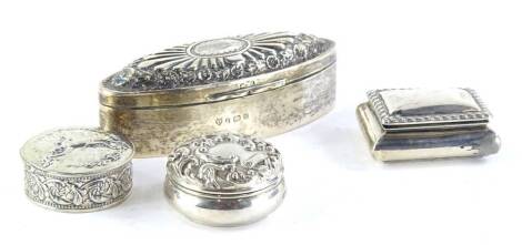 A collection of small silver and white metal boxes, to include a navette shaped box, with hinged lid, a rectangular box and cover and two circular examples (one possibly Dutch), 4½oz overall.