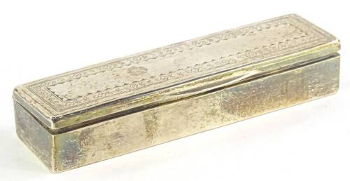 A George V silver box, of rectangular form, the lid chased with flowers in repeat geometric pattern, with thumb mould handle and sectional interior, loaded, Birmingham 1910.